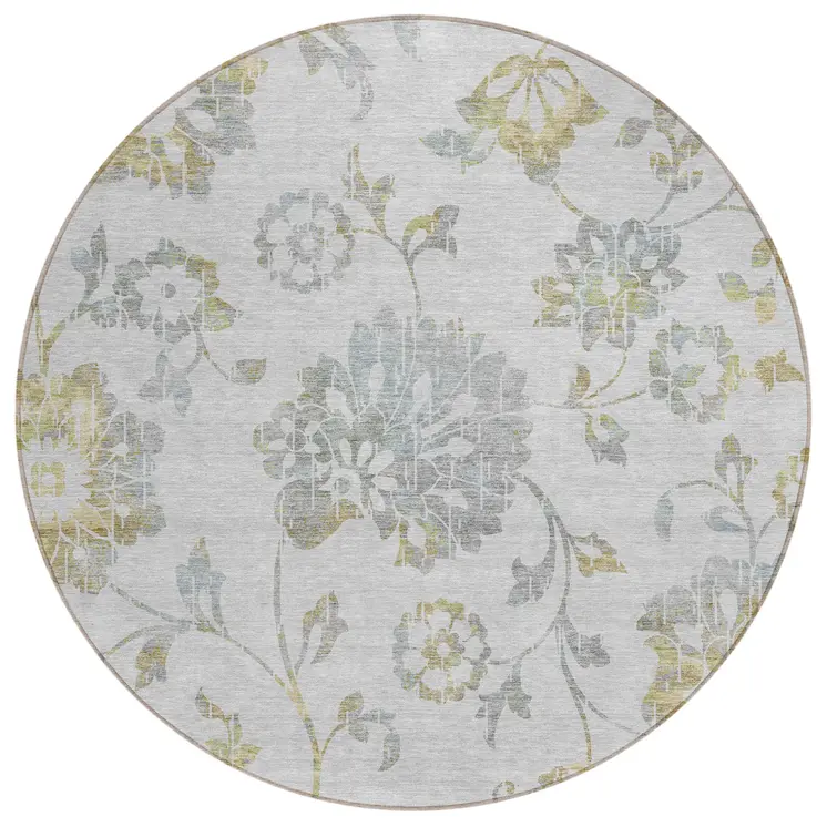 8' Silver Gray And Gold Round Floral Washable Indoor Outdoor Area Rug