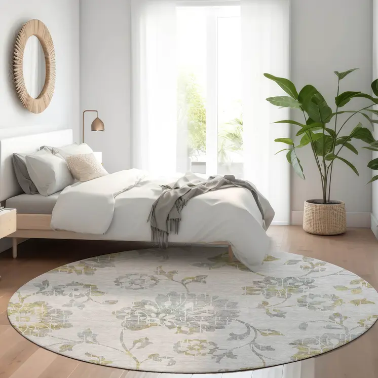 8' Silver Gray And Gold Round Floral Washable Indoor Outdoor Area Rug