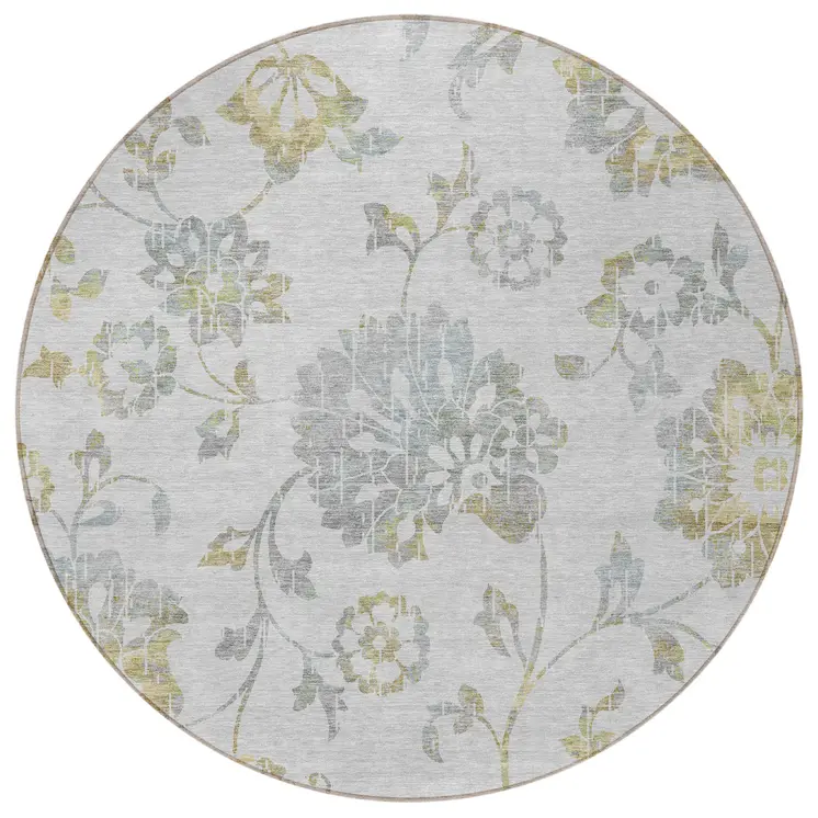 8' Silver Gray And Gold Round Floral Washable Indoor Outdoor Area Rug