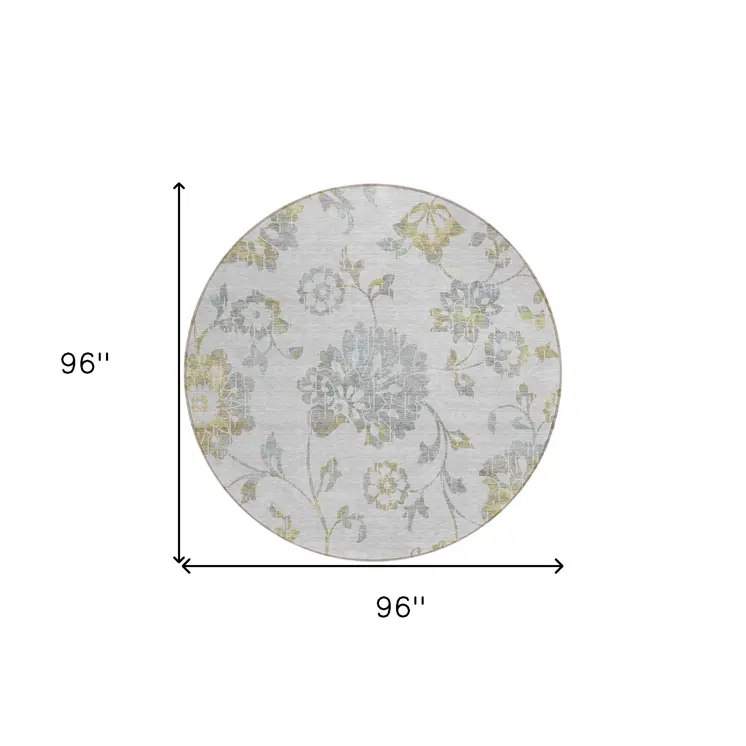 8' Silver Gray And Gold Round Floral Washable Indoor Outdoor Area Rug