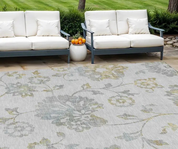 8' X 10' Silver Gray And Gold Floral Washable Indoor Outdoor Area Rug