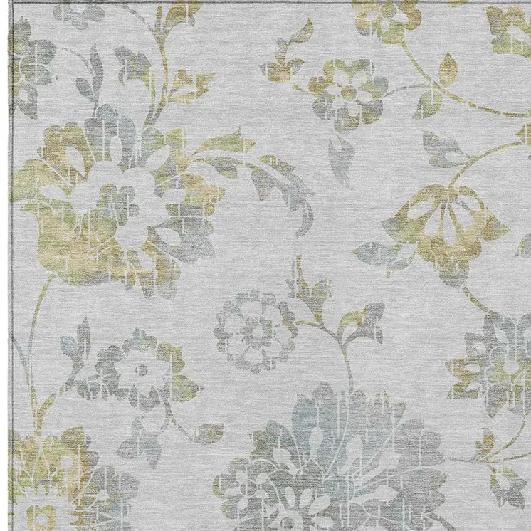 8' X 10' Silver Gray And Gold Floral Washable Indoor Outdoor Area Rug