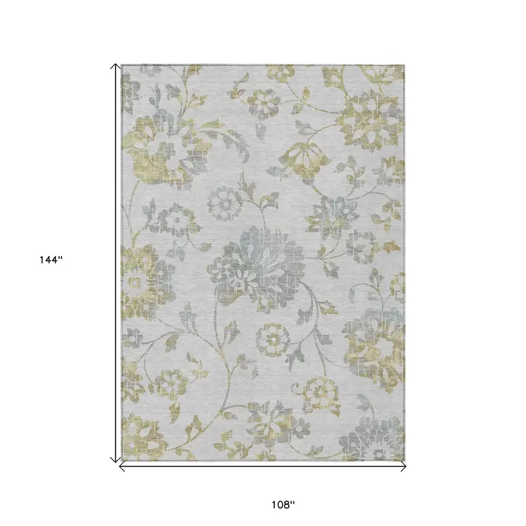 9' X 12' Silver Gray And Gold Floral Washable Indoor Outdoor Area Rug