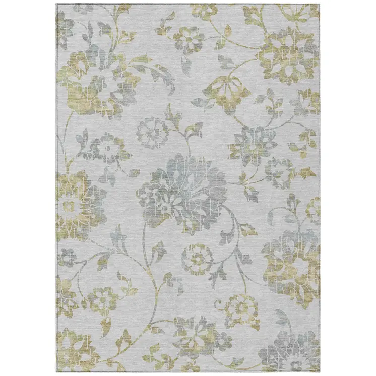 9' X 12' Silver Gray And Gold Floral Washable Indoor Outdoor Area Rug