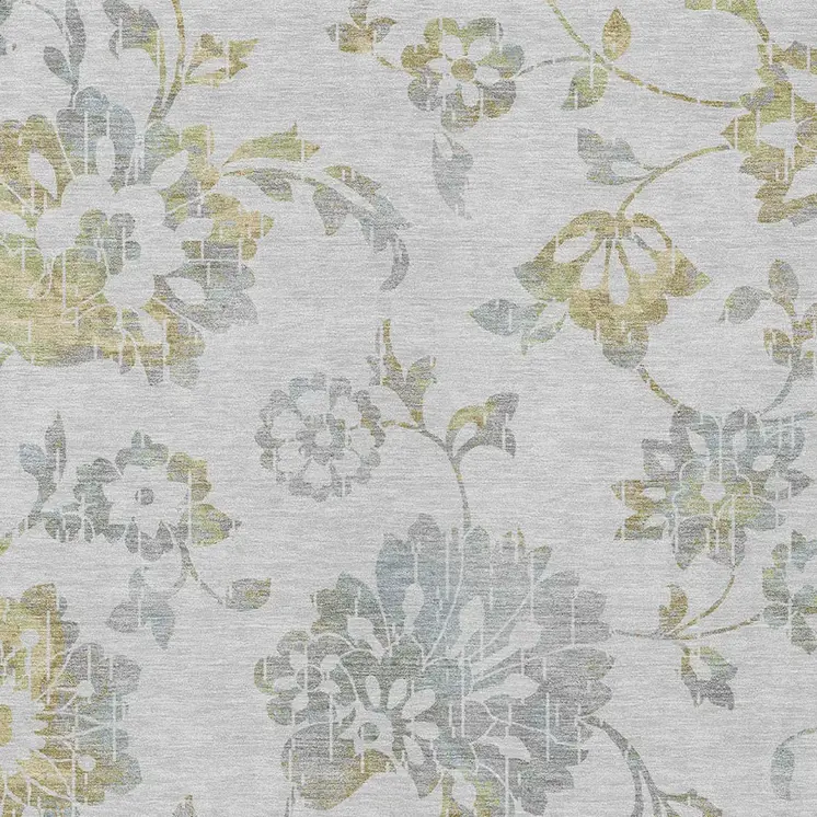 9' X 12' Silver Gray And Gold Floral Washable Indoor Outdoor Area Rug