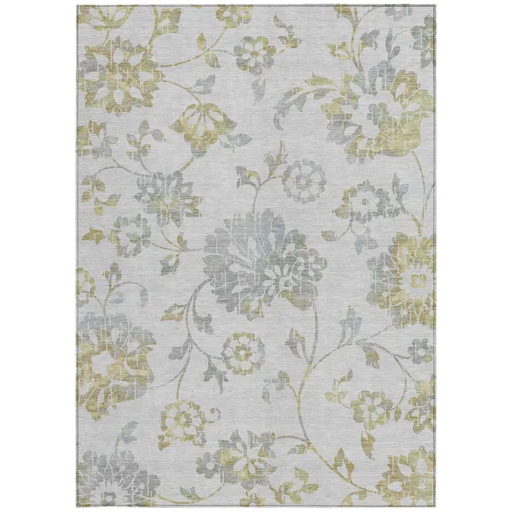 10' X 14' Silver Gray And Gold Floral Washable Indoor Outdoor Area Rug