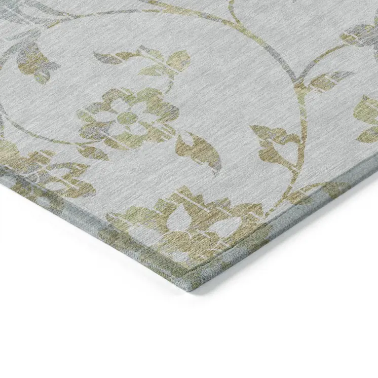 10' X 14' Silver Gray And Gold Floral Washable Indoor Outdoor Area Rug