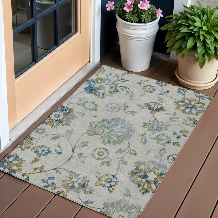 3' X 5' Taupe Navy Blue And Denim Blue Floral Washable Indoor Outdoor Area Rug