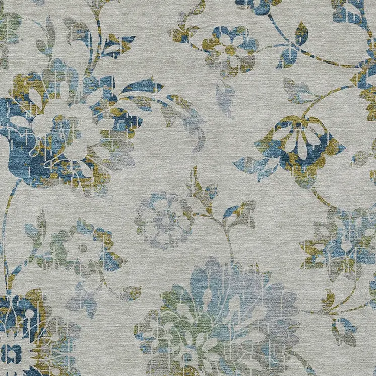 3' X 5' Taupe Navy Blue And Denim Blue Floral Washable Indoor Outdoor Area Rug