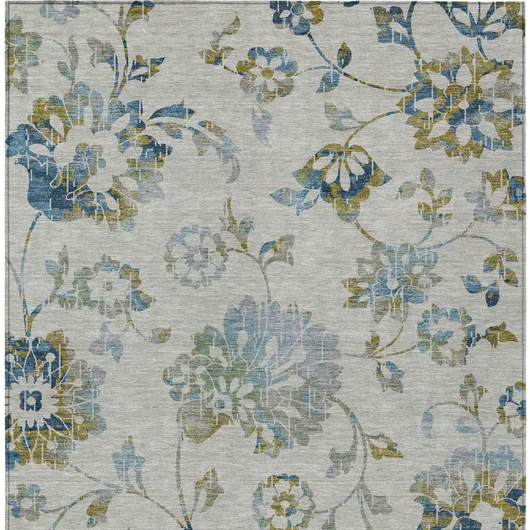 5' X 8' Taupe Navy Blue And Denim Blue Floral Washable Indoor Outdoor Area Rug