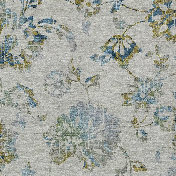 5' X 8' Taupe Navy Blue And Denim Blue Floral Washable Indoor Outdoor Area Rug