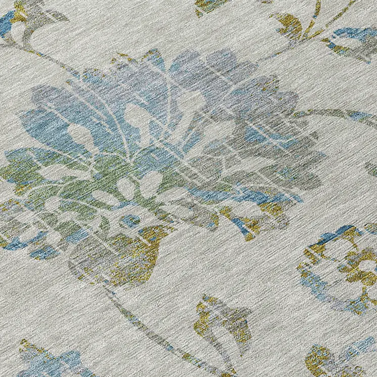 5' X 8' Taupe Navy Blue And Denim Blue Floral Washable Indoor Outdoor Area Rug