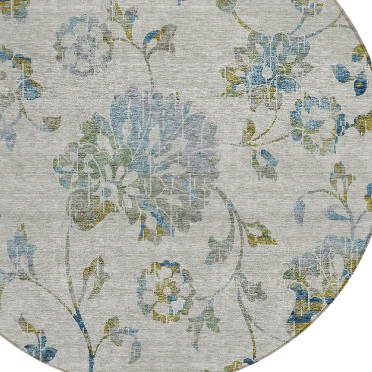8' Taupe Navy Blue And Denim Blue Round Floral Washable Indoor Outdoor Area Rug