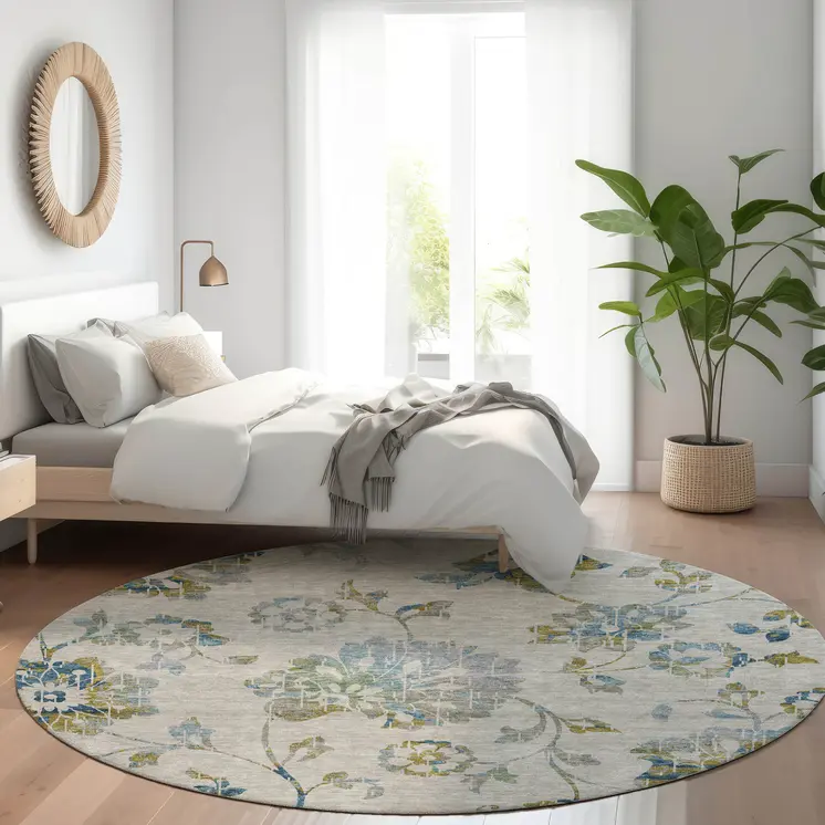 8' Taupe Navy Blue And Denim Blue Round Floral Washable Indoor Outdoor Area Rug