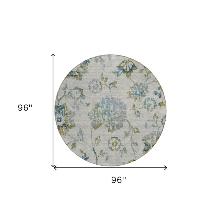 8' Taupe Navy Blue And Denim Blue Round Floral Washable Indoor Outdoor Area Rug