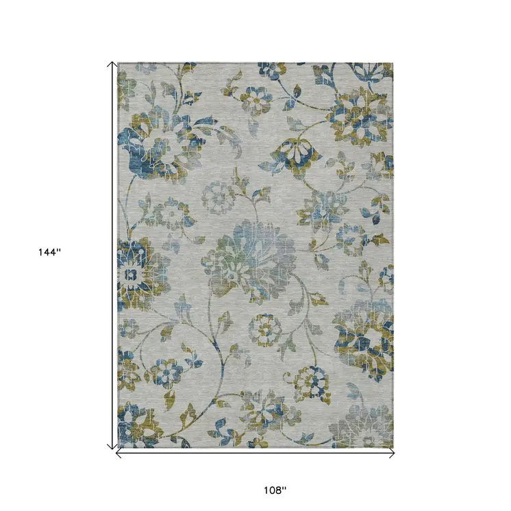 9' X 12' Taupe Navy Blue And Denim Blue Floral Washable Indoor Outdoor Area Rug