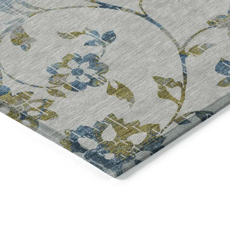 9' X 12' Taupe Navy Blue And Denim Blue Floral Washable Indoor Outdoor Area Rug