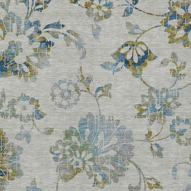 9' X 12' Taupe Navy Blue And Denim Blue Floral Washable Indoor Outdoor Area Rug