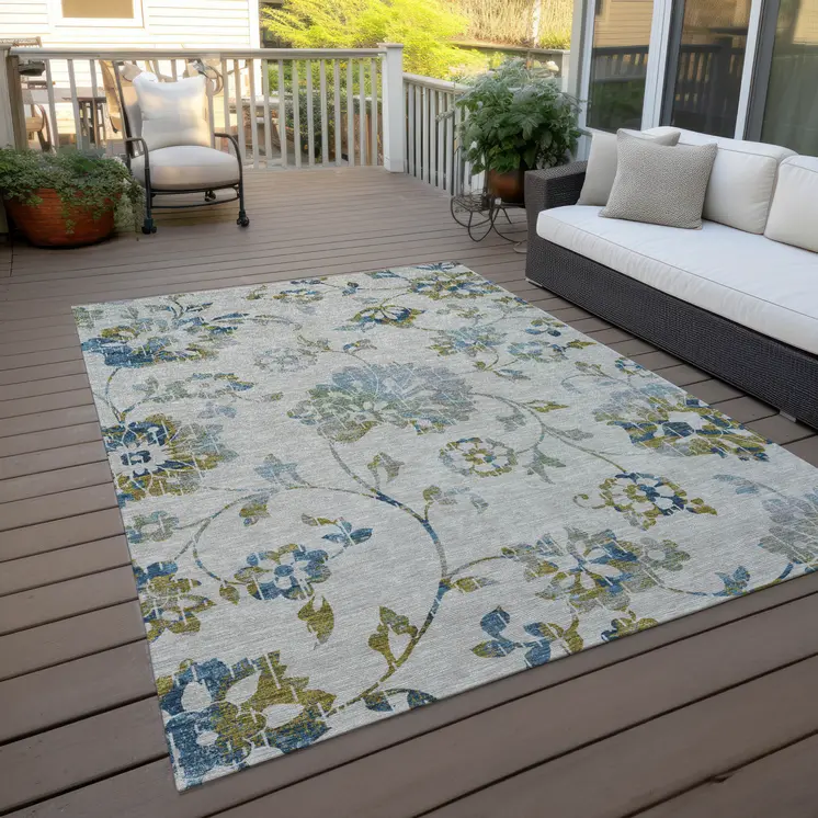 10' X 14' Taupe Navy Blue And Denim Blue Floral Washable Indoor Outdoor Area Rug