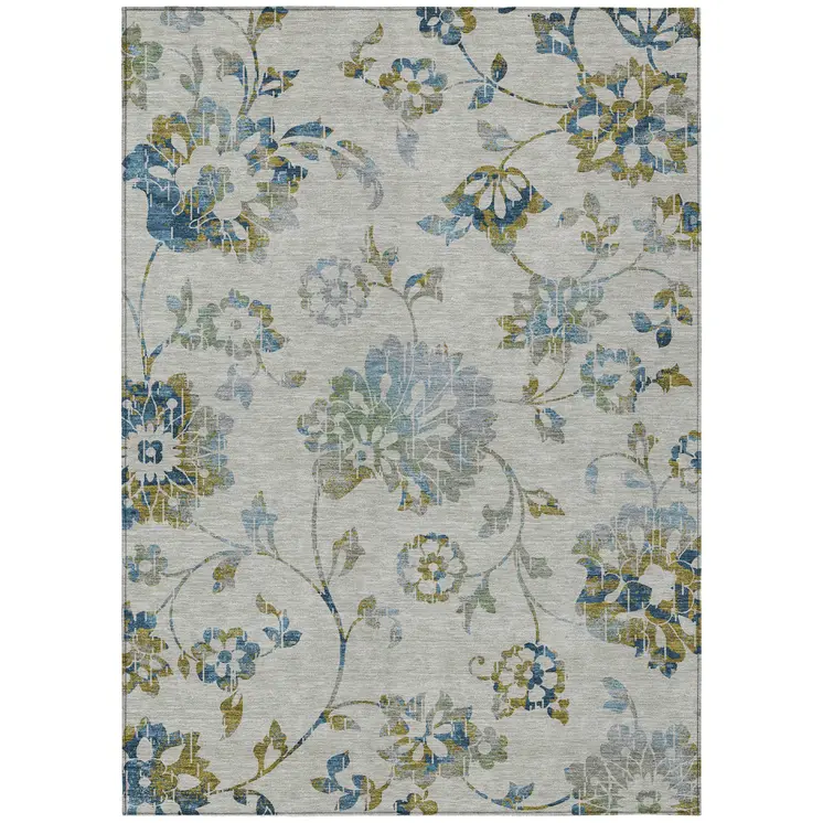 10' X 14' Taupe Navy Blue And Denim Blue Floral Washable Indoor Outdoor Area Rug