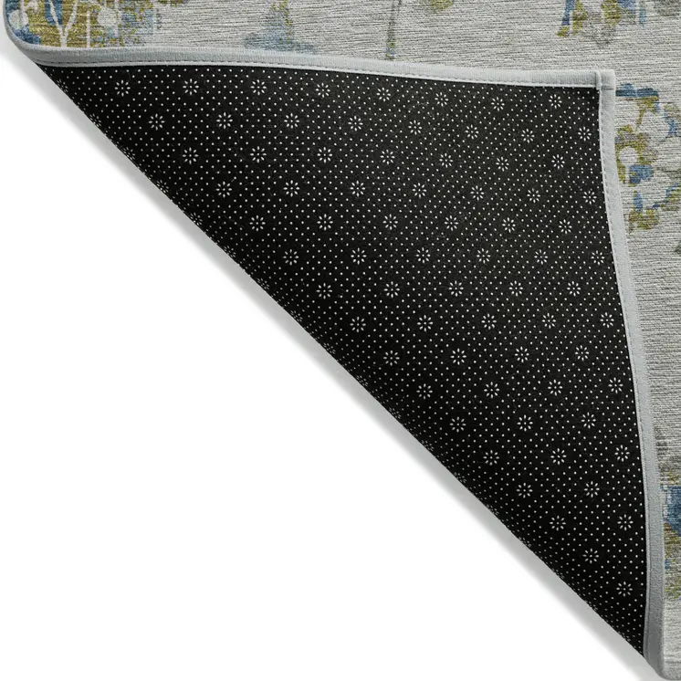 10' X 14' Taupe Navy Blue And Denim Blue Floral Washable Indoor Outdoor Area Rug