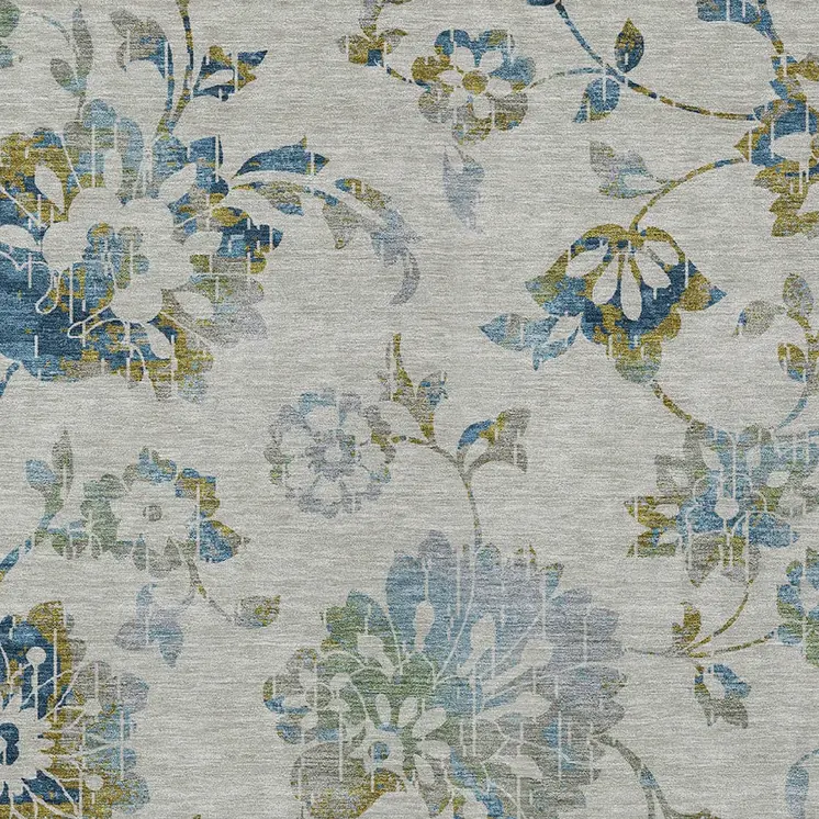 10' X 14' Taupe Navy Blue And Denim Blue Floral Washable Indoor Outdoor Area Rug