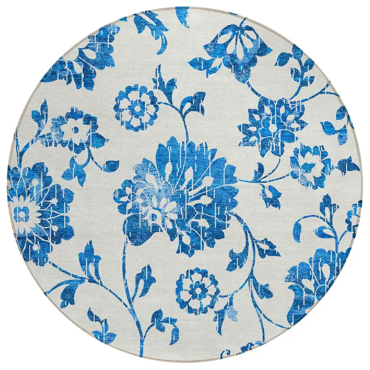 8' White And Denim Blue Round Floral Washable Indoor Outdoor Area Rug