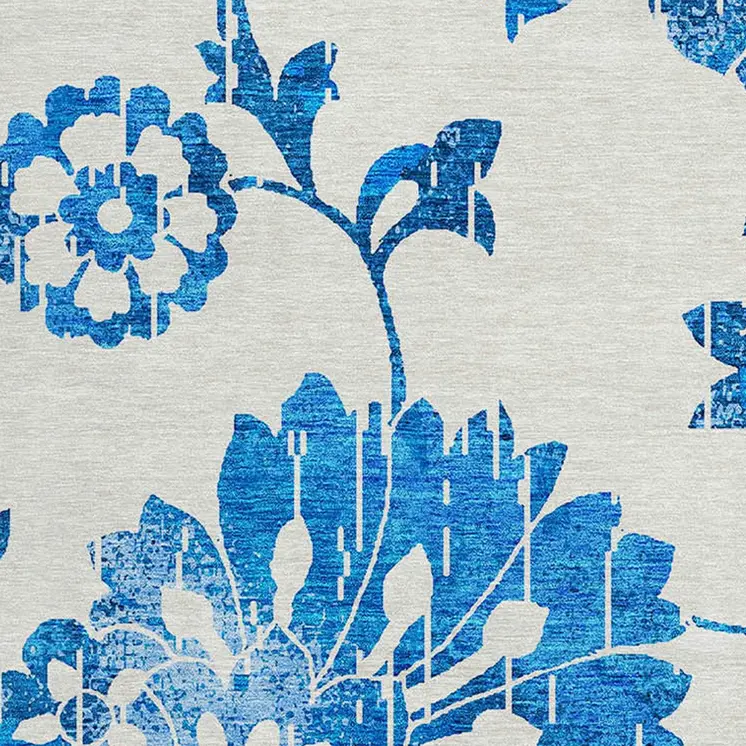 8' White And Denim Blue Round Floral Washable Indoor Outdoor Area Rug