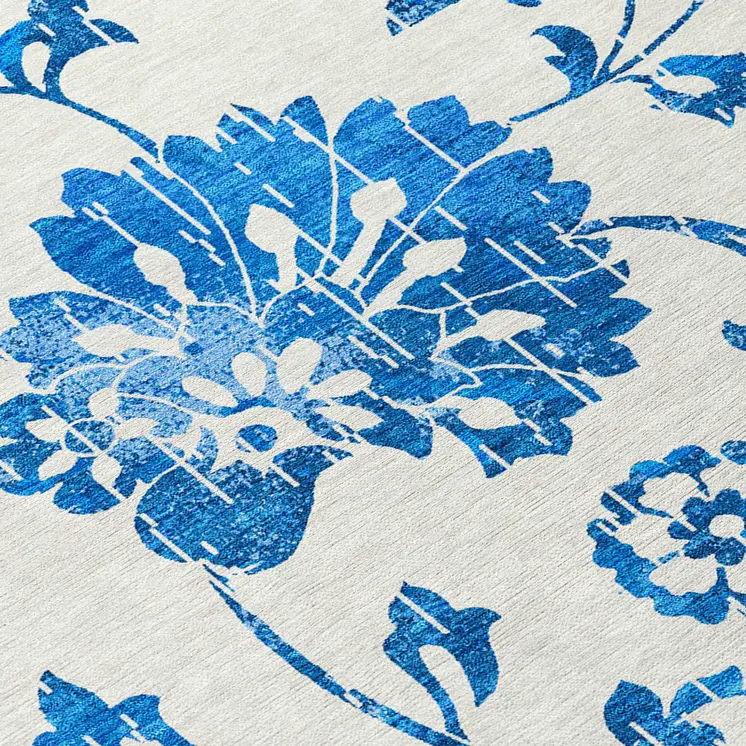 8' White And Denim Blue Round Floral Washable Indoor Outdoor Area Rug