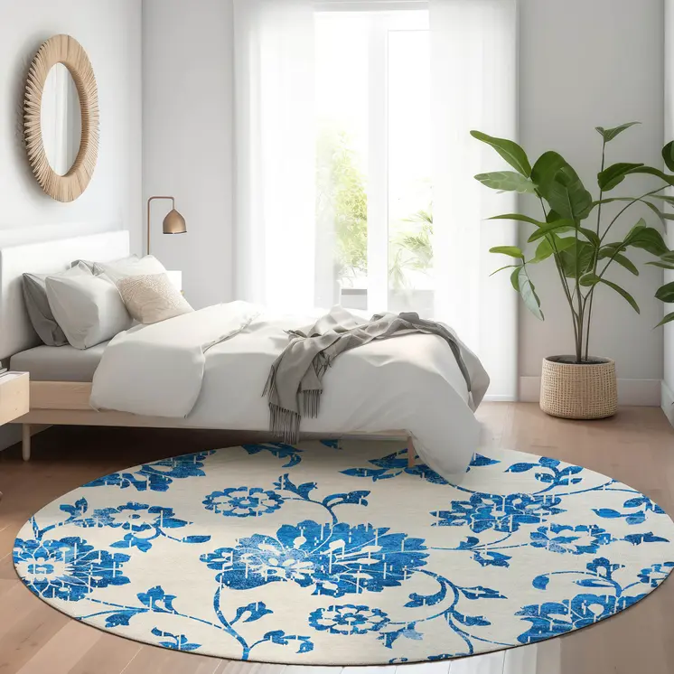 8' White And Denim Blue Round Floral Washable Indoor Outdoor Area Rug