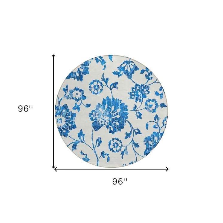 8' White And Denim Blue Round Floral Washable Indoor Outdoor Area Rug