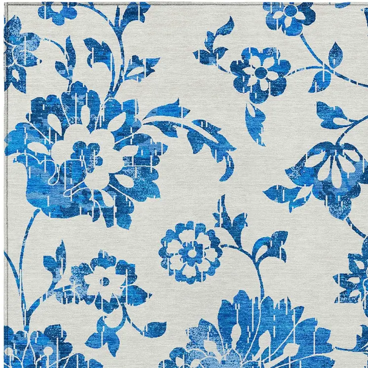 8' X 10' White And Denim Blue Floral Washable Indoor Outdoor Area Rug