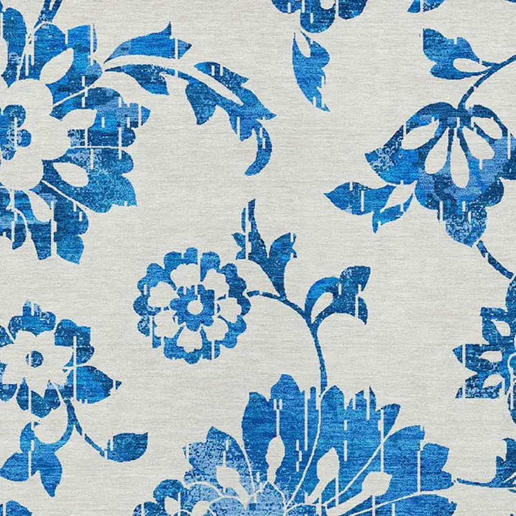 8' X 10' White And Denim Blue Floral Washable Indoor Outdoor Area Rug
