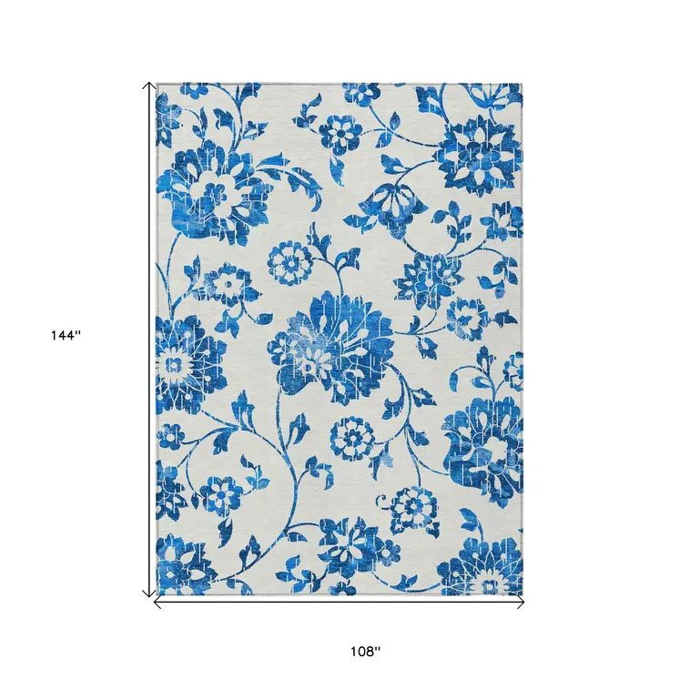 9' X 12' White And Denim Blue Floral Washable Indoor Outdoor Area Rug
