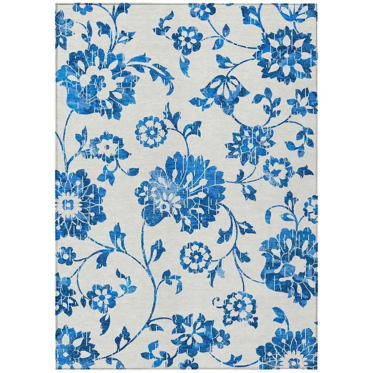 9' X 12' White And Denim Blue Floral Washable Indoor Outdoor Area Rug