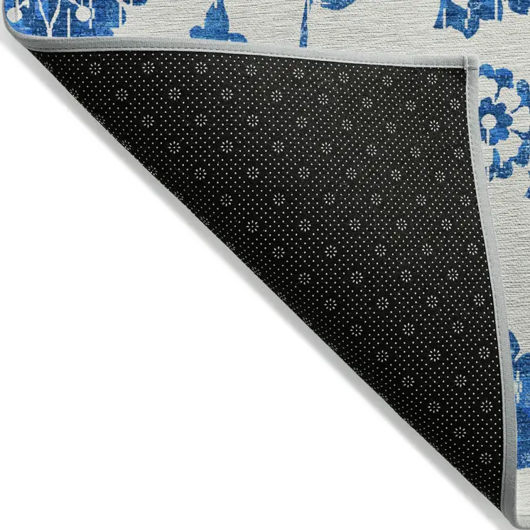 9' X 12' White And Denim Blue Floral Washable Indoor Outdoor Area Rug