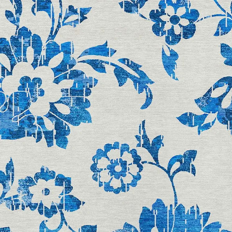 10' X 14' White And Denim Blue Floral Washable Indoor Outdoor Area Rug