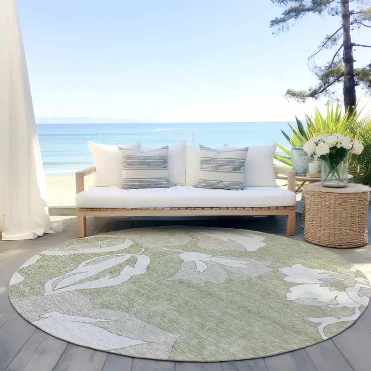 8' Artichoke Green Ivory And Taupe Round Floral Washable Indoor Outdoor Area Rug