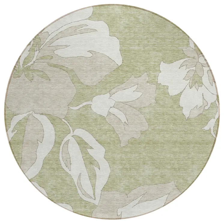 8' Artichoke Green Ivory And Taupe Round Floral Washable Indoor Outdoor Area Rug
