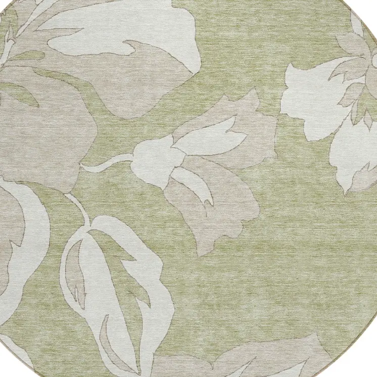 8' Artichoke Green Ivory And Taupe Round Floral Washable Indoor Outdoor Area Rug