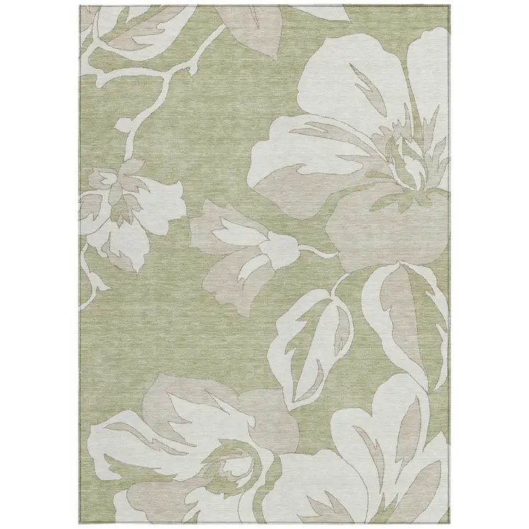 8' X 10' Artichoke Green Ivory And Taupe Floral Washable Indoor Outdoor Area Rug