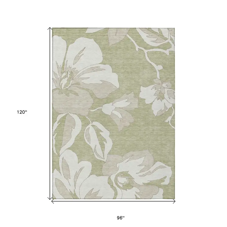 8' X 10' Artichoke Green Ivory And Taupe Floral Washable Indoor Outdoor Area Rug