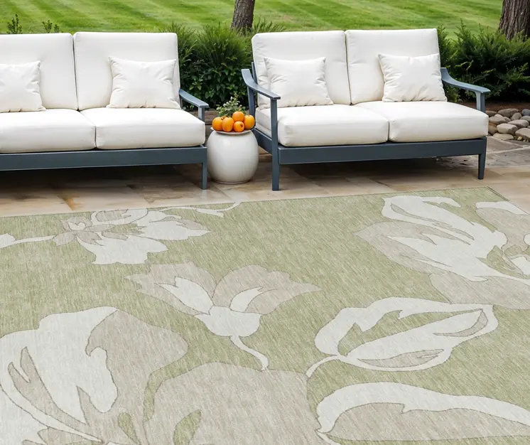 8' X 10' Artichoke Green Ivory And Taupe Floral Washable Indoor Outdoor Area Rug