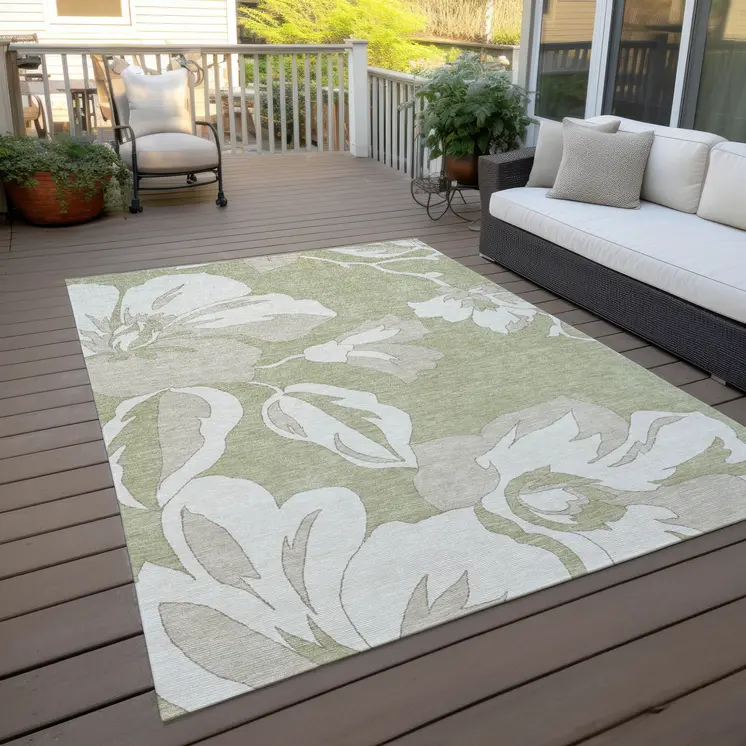 8' X 10' Artichoke Green Ivory And Taupe Floral Washable Indoor Outdoor Area Rug