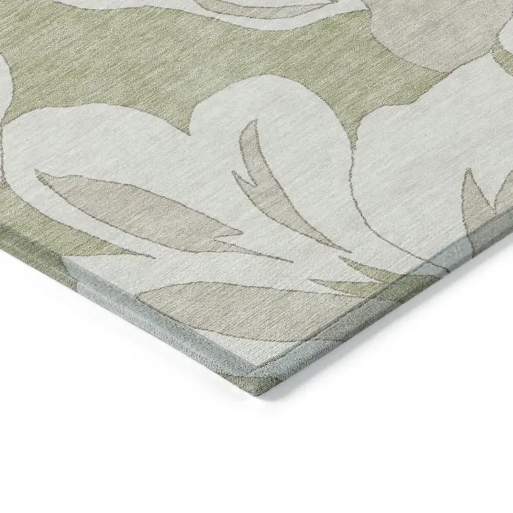8' X 10' Artichoke Green Ivory And Taupe Floral Washable Indoor Outdoor Area Rug