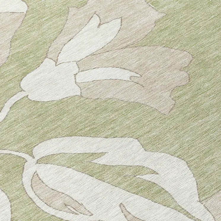 8' X 10' Artichoke Green Ivory And Taupe Floral Washable Indoor Outdoor Area Rug