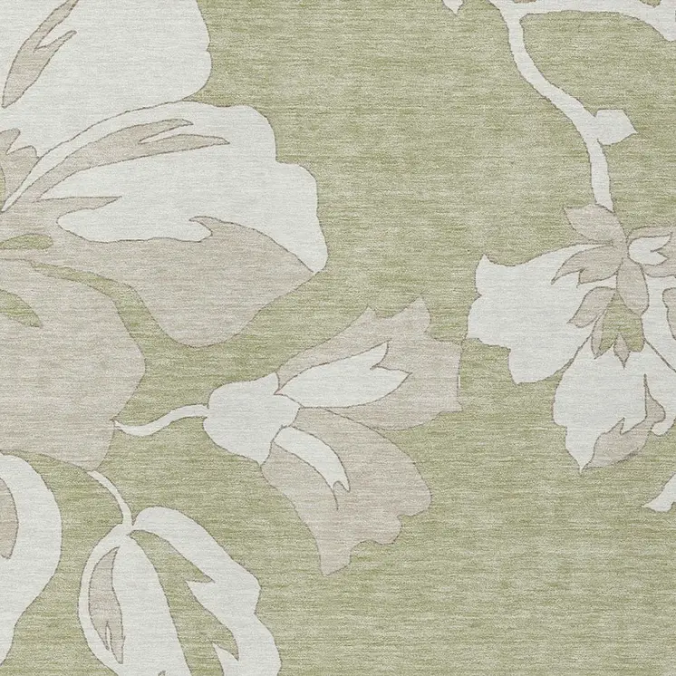 10' X 14' Artichoke Green Ivory And Taupe Floral Washable Indoor Outdoor Area Rug