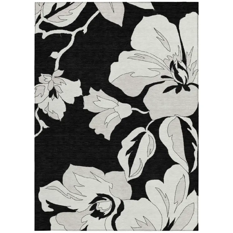 9' X 12' Black Gray And Silver Floral Washable Indoor Outdoor Area Rug