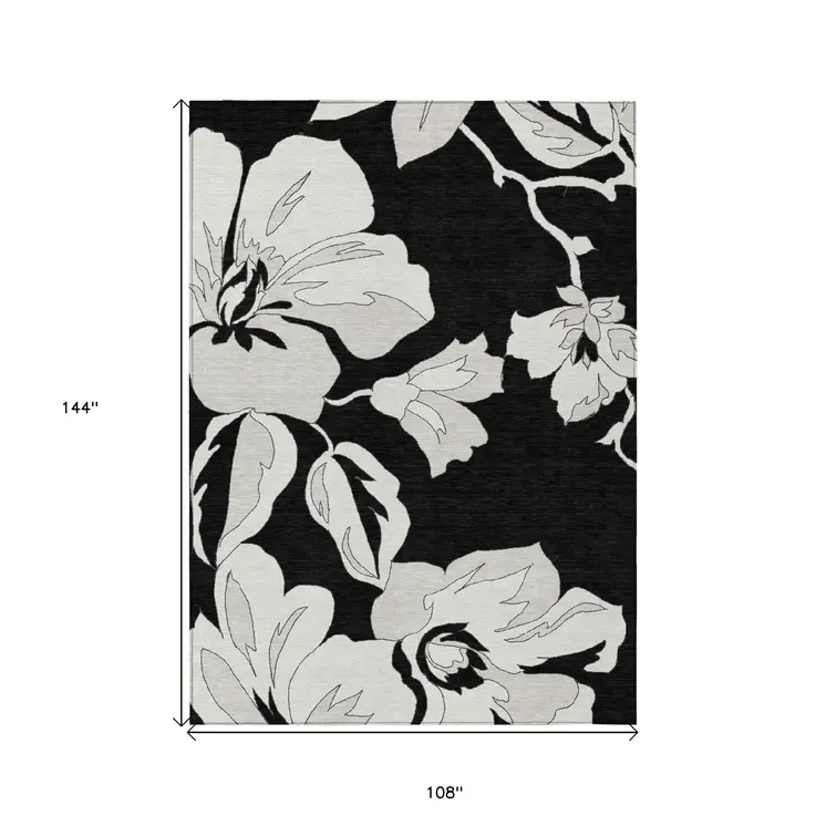 9' X 12' Black Gray And Silver Floral Washable Indoor Outdoor Area Rug