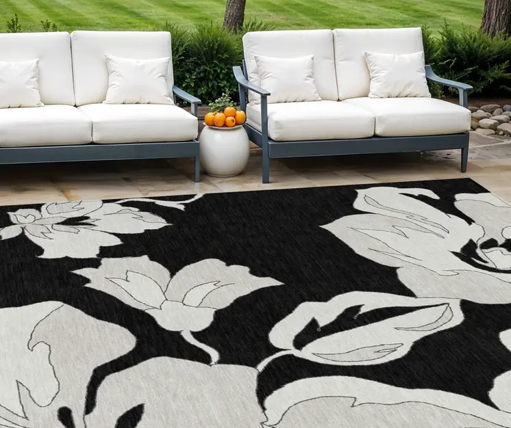 9' X 12' Black Gray And Silver Floral Washable Indoor Outdoor Area Rug